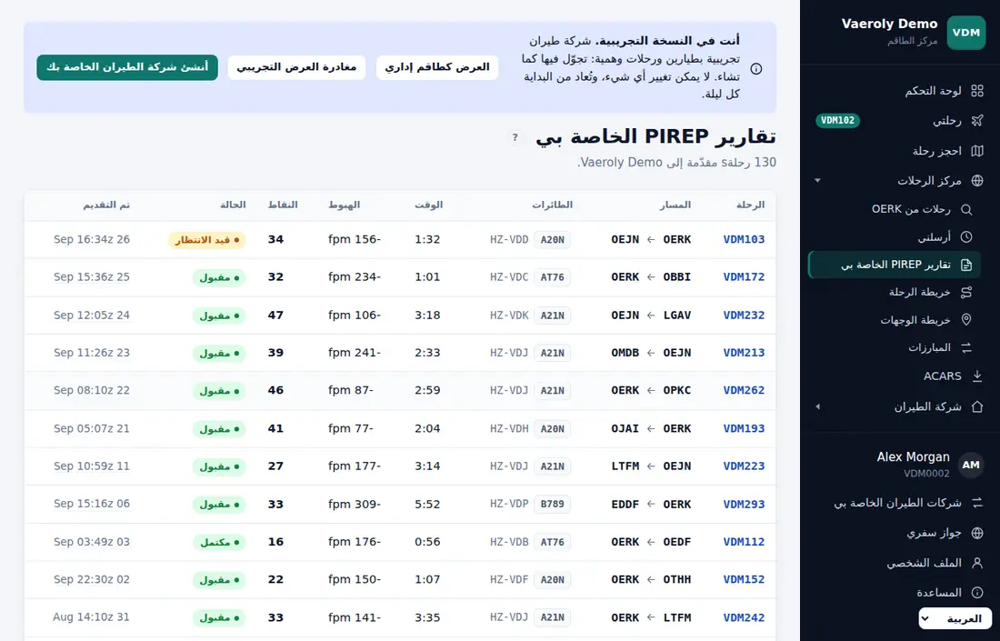 تقارير PIREP الخاصة بي في شركة الطيران التجريبية