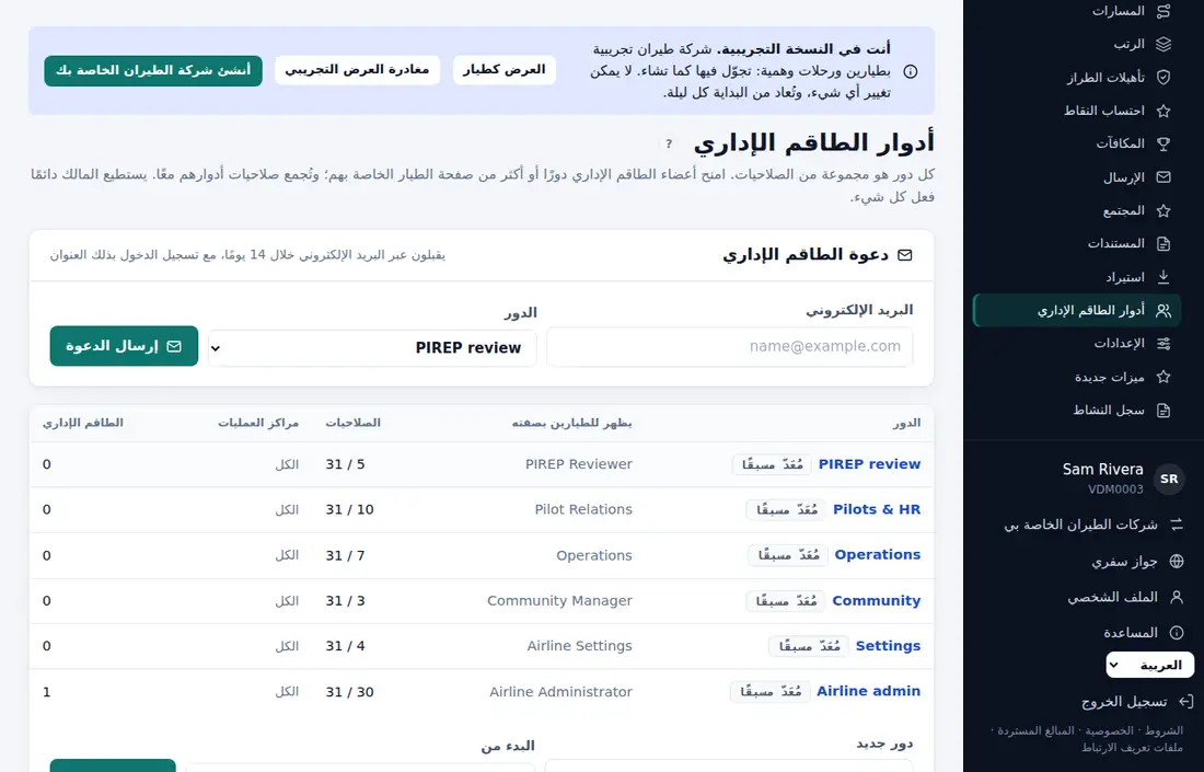 أدوار الطاقم الإداري في شركة الطيران التجريبية