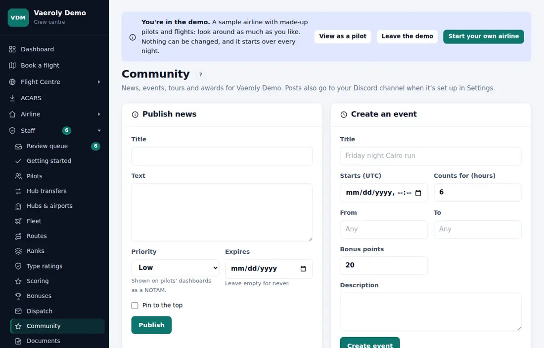 The Community page in the demo airline