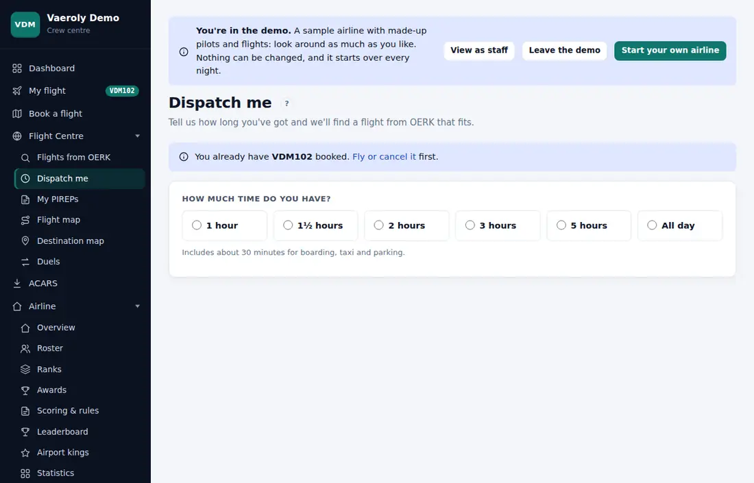 Dispatch me in the demo airline