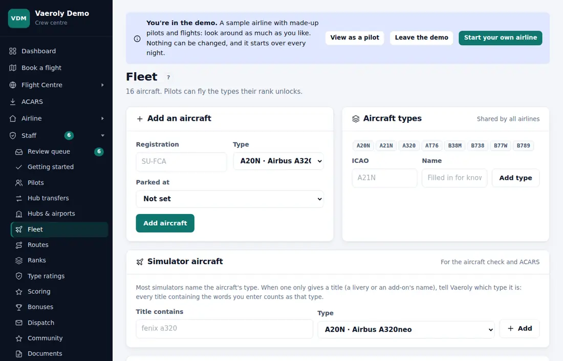The Fleet page in the demo airline