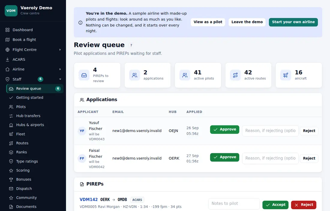 The review queue in the demo airline