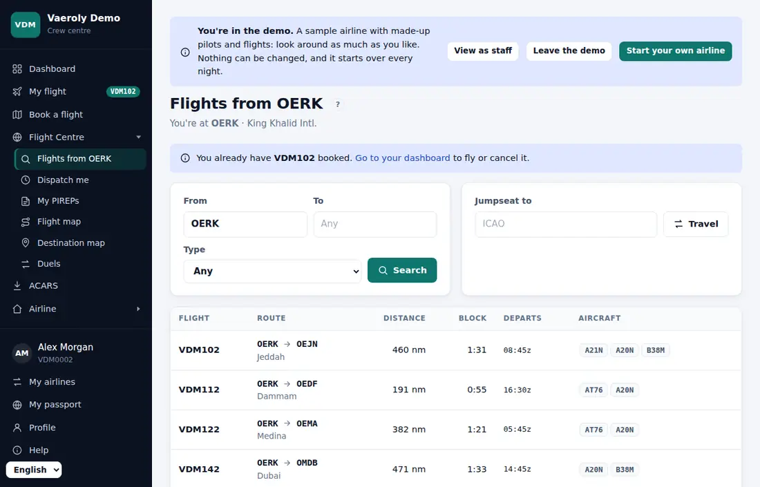 Flights from your airport, in the demo airline