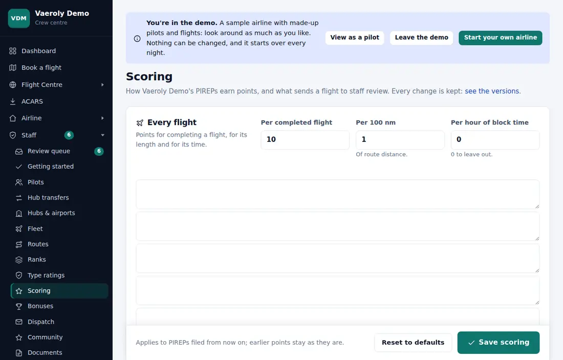 The Scoring page in the demo airline