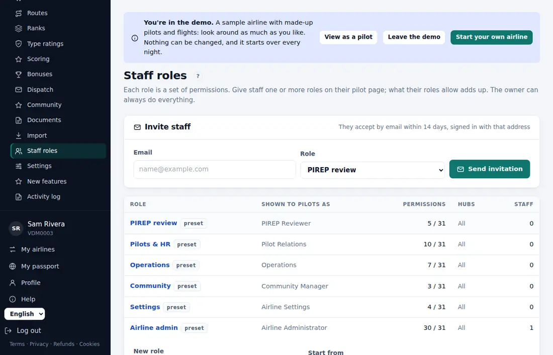 Staff roles in the demo airline