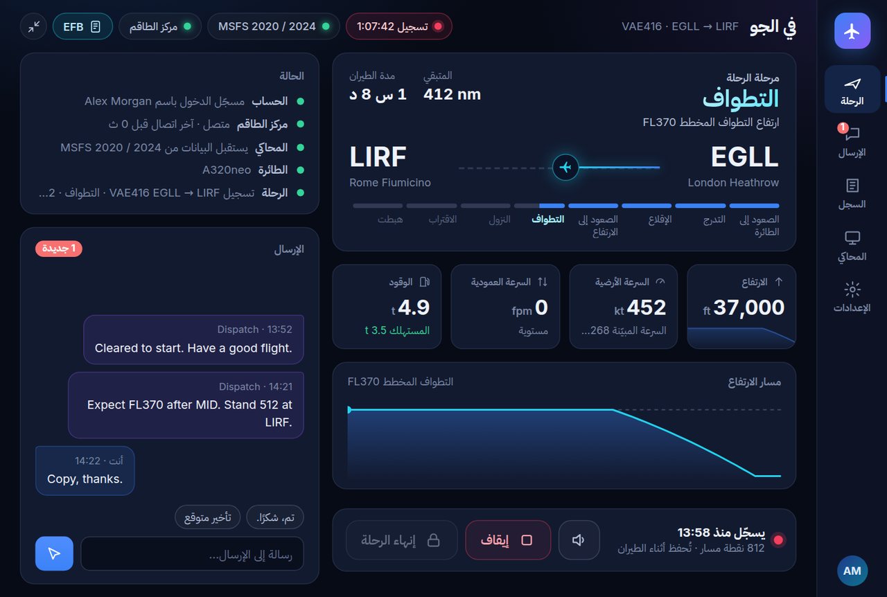 تطبيق Vaeroly أثناء الطيران: مرحلة الرحلة، والارتفاع، والسرعة، والوقود، والارتفاع المقطوع، ورسائل الإرسال